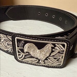 Black Leather Belt with White Embroidery